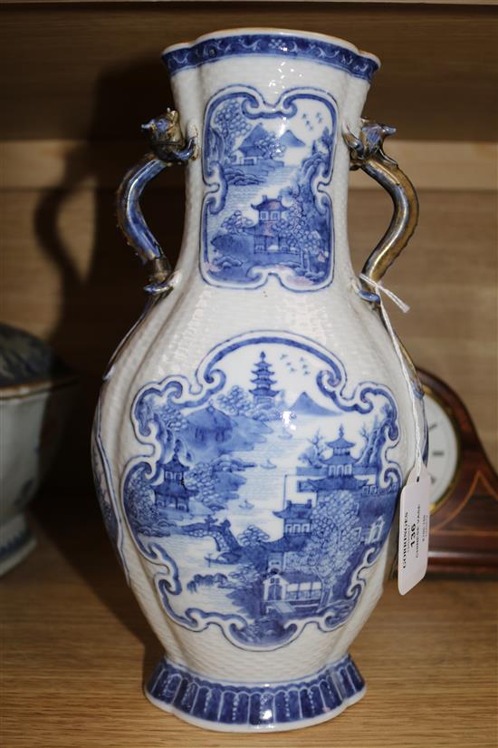 A Chinese blue and white vase, 28.5cm and a similar tureen and cover, 32cm (vase handle damaged, tureen handle lacking)